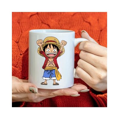 One Piece Hasır Şapkalı Luffy Baskılı Hediyelik Beyaz Kupa Bardak